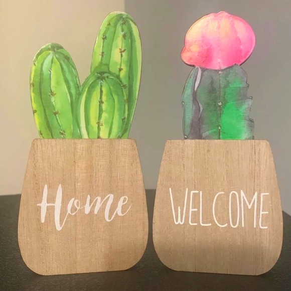 Welcome & Home cactus decor Ligtweight Wood Sets of 2 in Size 5 1/2" - Picture 2 of 8